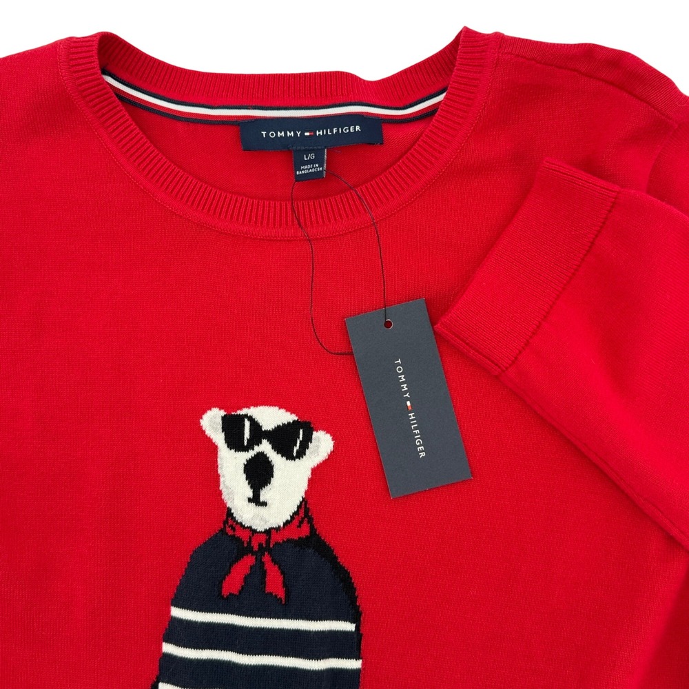 Tommy Hilfiger Womens Large Red Polar Bear Crewneck Sweater Knit Pullover NWT!